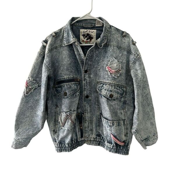 Vintage East West Acid Wash Patchwork Puffer Denim Jacket Size S Western Cowboy - Picture 1 of 11